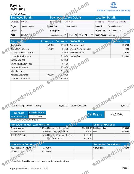 INDIA TATA Consultancy Services payslip in Word and PDF formats